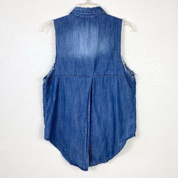 BDG Chambray Denim Distressed Hem Sleeveless Button Up Shirt - Picture 2 of 6